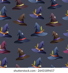 Seamless vector pattern of witch hats in various colors on dark background. Perfect for Halloween and magic-themed designs