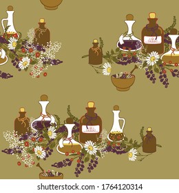 Seamless vector pattern with witch herb bottles on beige background. Spiritual medicine wallpaper design with lavender and yarrow plants. 