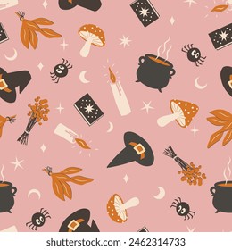 Seamless vector pattern with witch items hat, candles, herbs, mushrooms, magic book. Great for girls