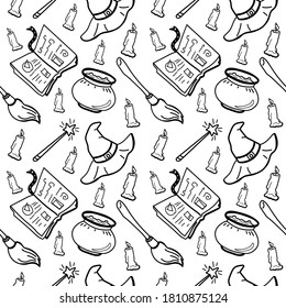 Seamless vector pattern with witch staff: magic book, magic wind, broom . design of wrapping paper, textile, print. Doodle style.