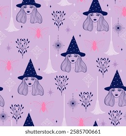 Seamless vector pattern with witches, broomsticks, plants, bees, and crystals. Pastel color witchy mystical