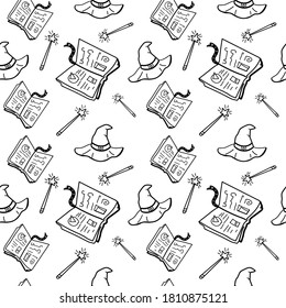 Seamless vector pattern with withc staff: magic book, magic wind, broom . design of wrapping paper, textile, print. Doodle style.