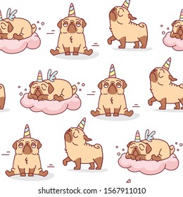  seamless vector pattern withcute cartoon pug dog with unicorn and wings horn sleeping on a cloud