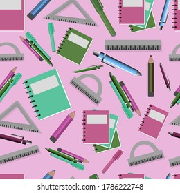 Seamless vector pattern withdifferent scholl supplies. First day of school, back to school backgrounds