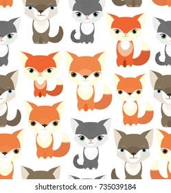 Seamless vector pattern with wolves, fox, dogs, squirrel