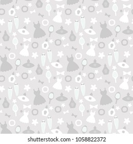 Seamless vector pattern with woman essentials: dress, bracelet, bow, perfume, shoes, etc. Perfect for wrapping paper, backgrounds, banners, etc.