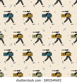 Seamless vector pattern with the woman with gift box. Girl is walking and carrying gift box. Black and white flat geometric character.