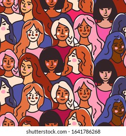 Seamless vector pattern with women of different nationalities and races. Greeting card for International Women's Day.