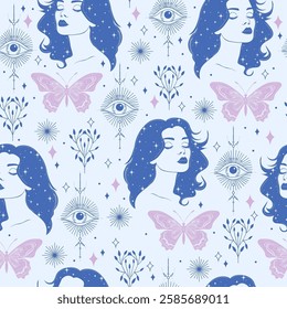 Seamless vector pattern with women, eyes, and butterflies. Pastel color witchy mystical background