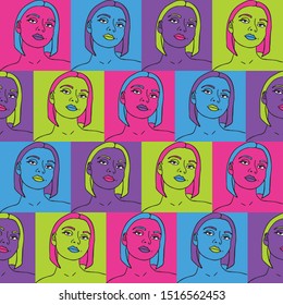 Seamless vector pattern with women face on neon colours. Be different attitude repeat wallpaper. Colourful squares with girls. Design for teenagers fashion.