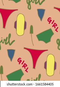 patrón vectorial transparente con elementos higiénicos femeninos. tela, papel envolvente, fondo, papel pintado, diseño de superficie y textil.  adorno de época, clíparte menstrual. ilustración dibujada a mano. 