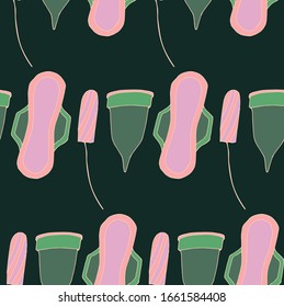 seamless vector pattern with women hygien items. fabric, wrapping paper, background, wallpaper, surface and textile design.  period ornament, menstruation clipart. hand drawn illustration. 