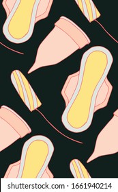 seamless vector pattern with women hygien items. fabric, wrapping paper, background, wallpaper, surface and textile design.  period ornament, menstruation clipart. hand drawn illustration. 