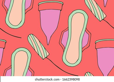 seamless vector pattern with women hygien items. fabric, wrapping paper, background, wallpaper, surface and textile design.  period ornament, menstruation clipart. hand drawn illustration. 