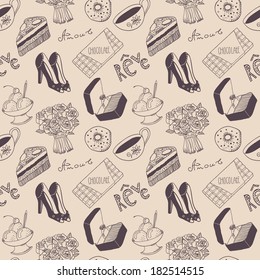 Seamless vector pattern with "women's things" - about shopping, meetings, loving, cafe sitting and many other.