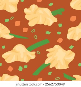 Seamless Vector Pattern of Wonton Soup Components Featuring Dumplings, Spring Onion, Carrot, and Bok Choy