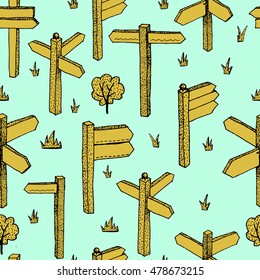 Seamless vector pattern with wooden signboards, frames, boards. Vector icon set. Hand drawn.