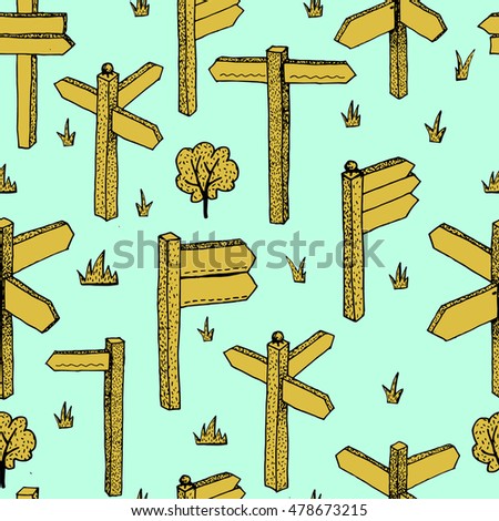 Seamless vector pattern with wooden signboards, frames, boards. Vector icon set. Hand drawn.