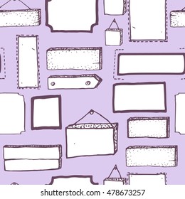 Seamless vector pattern with wooden signs, frames, boards. Vector icon set. Hand drawn.