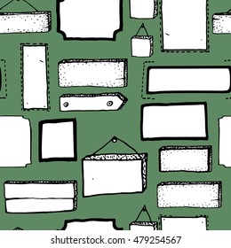 Seamless vector pattern with wooden signs, frames, boards. Vector icon set. Hand drawn.