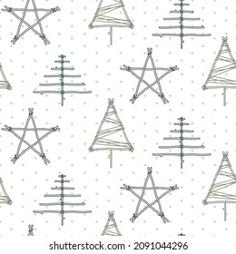 Seamless vector pattern with wooden toys - star and Christmas trees. Scandinavian style decor for holidays. Cute hand drawn line background for card, gift, wrapping paper, fabric, textile, wallpaper.