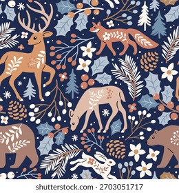 Padrão de vetor sem emenda com animais da floresta, árvore, baga e folhas. Ilustração desenhada à mão da vida selvagem e da natureza. Perfeito para design têxtil, papel de parede ou impressão.