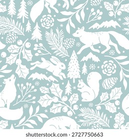 Seamless vector pattern with woodland animals and winter foliage. Deer, fox, squirrel, wolf and rabbit on botanical background. Hand drawn illustration of wildlife. Perfect for textile or wallpaper.