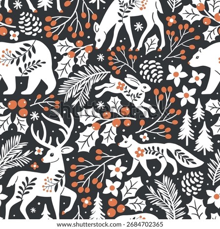 Seamless vector pattern with woodland animals, tree, berry and leaves. Hand drawn illustration of wildlife and nature. Perfect for textile, wallpaper or print design.