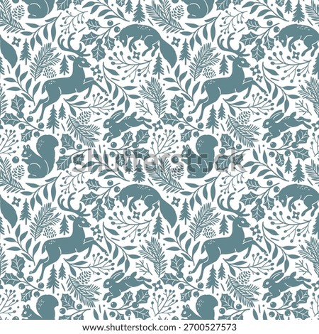 Seamless vector pattern with woodland animals and winter foliage. Deer, fox, squirrel, wolf and rabbit on botanical background. Hand drawn illustration of wildlife. Perfect for textile or wallpaper.