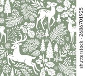 Seamless vector pattern with woodland deer and winter foliage. Cute deer and fawn on botanical background. Hand drawn illustration of wildlife. Perfect for textile, wallpaper or print design.