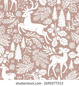 Seamless vector pattern with woodland deer and winter foliage. Cute deer and fawn on botanical background. Hand drawn illustration of wildlife. Perfect for textile, wallpaper or print design.
