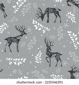 Seamless vector pattern with woodland deers and snowflakes on grey background. Scandinavian Christmas illustration. 