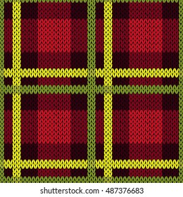 Seamless vector pattern as a woollen Celtic tartan plaid or a knitted fabric texture in green, yellow and red colors