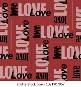 Seamless vector pattern from the word love. The word love repeats itself on a red background.