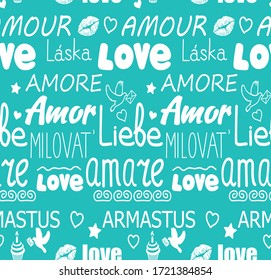 seamless vector pattern with the word love in different languages ​​on a marine background