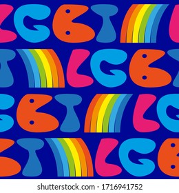 Seamless vector pattern of the words LGBT on a blue background. Multi-colored words.