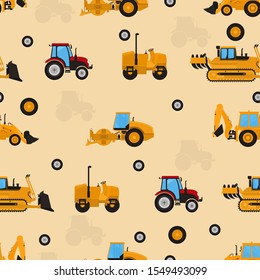 Seamless vector pattern with work machines on a light background.