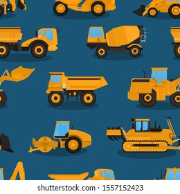 Seamless vector pattern with work machines on dark blue background.