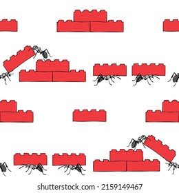 Nahtlose Vektorgrafik mit arbeitenden Ameisen auf weißem Hintergrund. Einfaches Tapete-Design aus Cartoon-Teamwork. Dekorative Insektenmodetextilien.