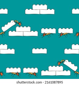 Seamless vector pattern with working ants on green background. Simple teamwork insect wallpaper design. Decorative toy block fashion textile.