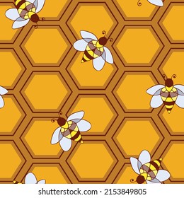 Seamless vector pattern with working bee and honeycomb on brown background. Simple hand drawn bumblebee wallpaper design. Decorative insect fashion textile.