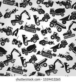 Seamless vector pattern with working machines in black and white colors.