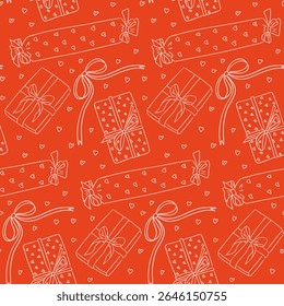 Seamless vector pattern of wrapped gifts, bows, and hearts on red background in hand drawn style. Concept of celebration, holiday wrapping, and festive gift giving