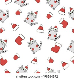 Seamless vector pattern. Xmas cat. Pattern with Christmas and New Year cartoon cat in Santa Claus hat on the white background.
