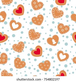 Seamless vector pattern. Xmas and New Year gingerbread hearts cookies pattern on the snow blue and white background. 