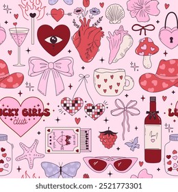 Seamless vector pattern with y2k pink girly stickers. Cute cowboy hat, bow, heart, matches, shell, cup on background. Trendy coquette texture in 2000s aesthetic