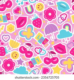 Seamless vector pattern in Y2K style. Cute girly print.