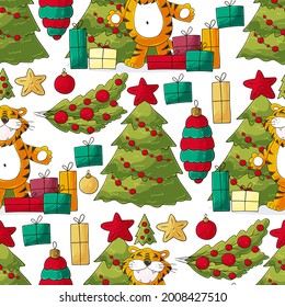 Seamless vector pattern for year of the tiger 2022. Pattern in hand draw style. Tiger, Christmas tree