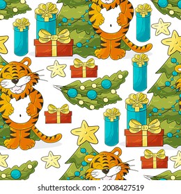 Seamless vector pattern for year of the tiger 2022. Pattern in hand draw style. Tiger, Christmas tree, gifts