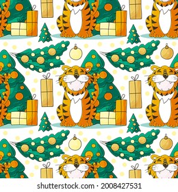 Seamless vector pattern for year of the tiger 2022. Pattern in hand draw style. Tiger, Christmas tree, gifts